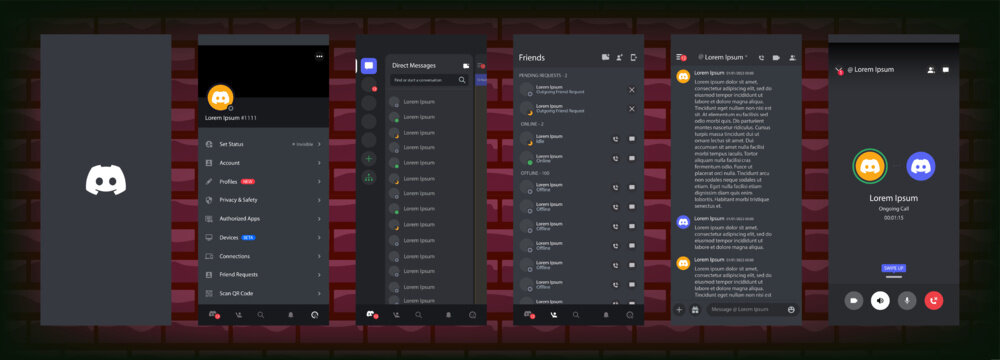 Discord Social media interface. Discord mobile application from Microsoft Corporation on a smartphone. Set social network mockup template. Discord button. Editorial