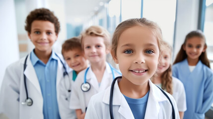 Children smiling in lab coats in a clinical setting. Diverse Group of Childs in Doctor Costumes with Stethoscopes