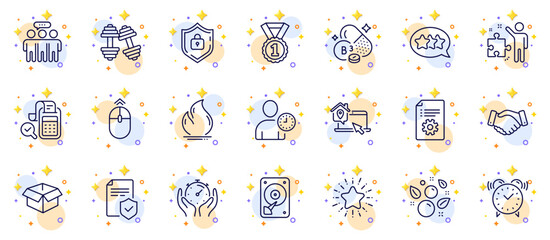 Outline set of Fire energy, Opened box and Stars line icons for web app. Include Star, Alarm clock, Best rank pictogram icons. Employees handshake, Timer, Shield signs. Swipe up, Hdd. Vector