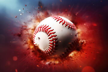Baseball ball with explosion in red background. 3D illustration.