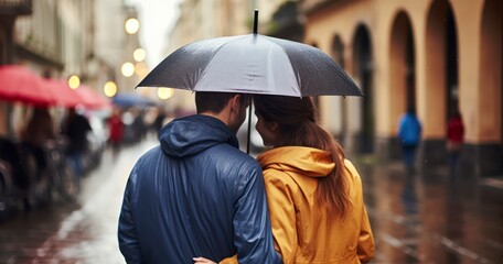 Capturing the Relaxed Walk of a Young Couple from the Back on a Drizzly Day