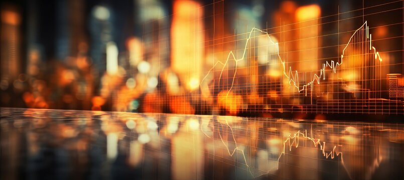 Abstract blurred bokeh effect with stock market charts and banking related imagery in vibrant colors