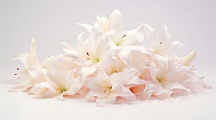 a heap of lily petals, their graceful forms arranged in a natural cascade against the purity of a white, untouched background.