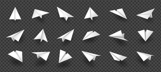 Paper planes. Folded origami air crafts, white abstract origami symbols, plane flight toy for kids. Vector collection of plane origami icon, aircraft fly paper illustration