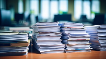 Stacks of various office documents and reports neatly piled on a desk - obrazy, fototapety, plakaty