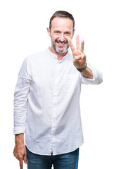 Middle age hoary senior man over isolated background showing and pointing up with fingers number three while smiling confident and happy.