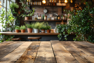 Empty Table with Blur Cafe Interior Background - obrazy, fototapety, plakaty