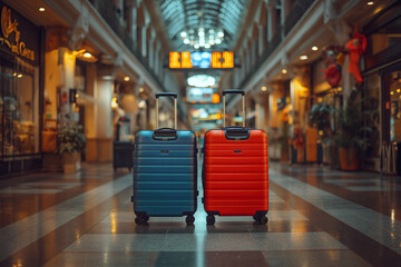 Two suitcases in an empty airport hall - obrazy, fototapety, plakaty