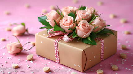 Fototapeta na wymiar Box With Pink Roses, Stunning Display of Beautiful Flowers
