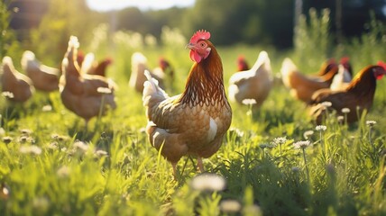 Fototapeta premium Rows of free-range chickens foraging in a green pasture under a sunny sky