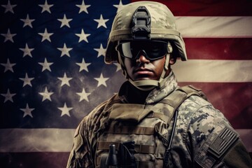 American military man defending his country stands against the background of the US flag - obrazy, fototapety, plakaty