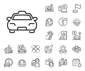 Client transportation sign. Plane jet, travel map and baggage claim outline icons. Taxi line icon. Passengers car symbol. Taxi line sign. Car rental, taxi transport icon. Place location. Vector