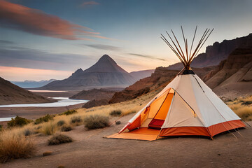 native tipi style camping tent in the wilderness , outdoor activity