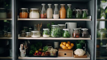 Refrigerator's shelves are meticulously organized with various food items