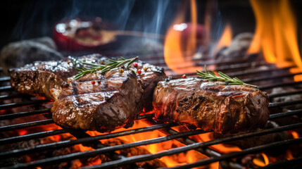 Close up of a grilled steak on the grill with flames in background