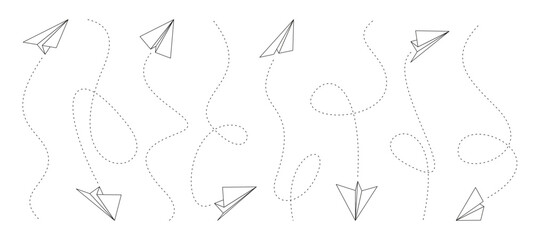 Paper airplane lines. Doodle origami arrows for flight plan route, folded planes with dash lines. Vector collection of origami plane paper illustration with line