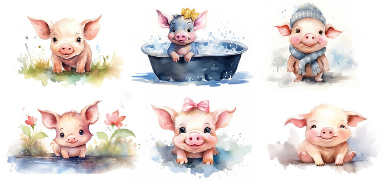 watercolor illustration with grungy texture, baby pig playful and take a bath, collection set isolated on white background, idea for junk journal or scrapbook design, generative Ai