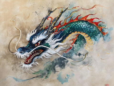 Chinese style dragon painting on old paper background, Chinese New Year.