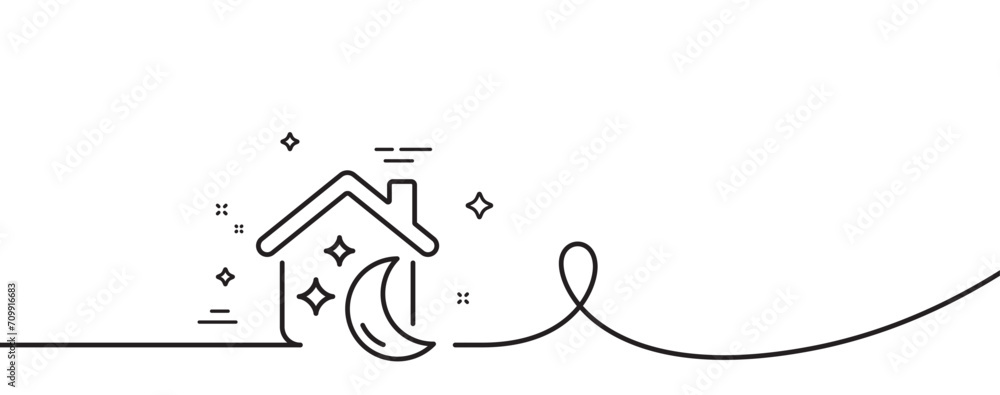 Poster sleep line icon. continuous one line with curl. night house sign. dream home symbol. sleep single ou