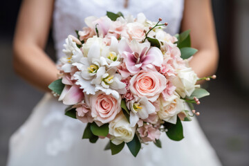 A bouquet of flowers in the hands of the bride