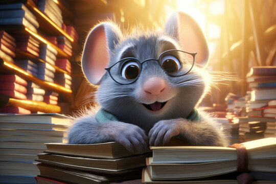 Funny Cute baby mouse wearing glasses reading a book