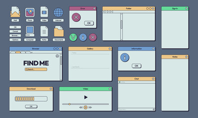 Retro interface. 80s 90s computer and internet user interface elements, trendy frames and buttons. Vector post and call notification interface of computer 90s and 80s interface window illustration - obrazy, fototapety, plakaty