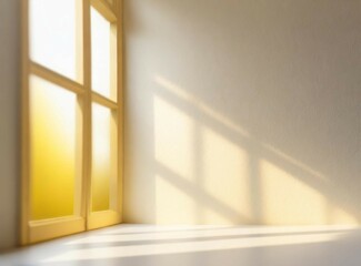 Fototapeta premium Realistic and minimalist blurred natural light windows, shadow overlay on wall paper texture, abstract background. Minimal abstract light white background for product presentation.