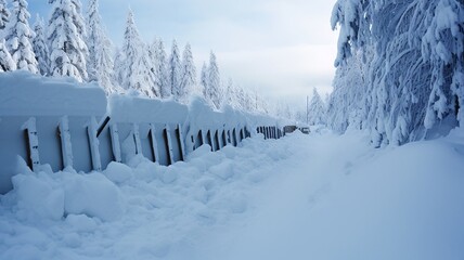 Snow-covered barrier blocks a mountain road, hinting at harsh winter conditions