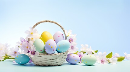 Embrace the joy of Easter with this lovely photo, where a basket filled with vibrantly colored eggs adds a touch of whimsy to any table.