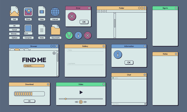 Retro interface. 80s 90s computer and internet user interface elements, trendy frames and buttons. Vector post and call notification interface of computer 90s and 80s interface window illustration