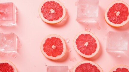 Vibrant Grapefruit and Ice Cubes: Top View Photo on Pastel Pink Background, Ideal for Summer Promotions and Fresh, Healthy Concepts with Copy Space