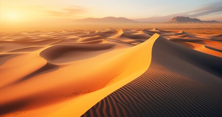 The Tranquil Aerial Scene of a Desert, Illuminated by the Setting Sun - obrazy, fototapety, plakaty