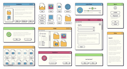 Computer 90s UI. Retro 80s and 90s style GUI panels with buttons and frames for application and operating system design. Vector modern notification screen of gui design 90s illustration - obrazy, fototapety, plakaty