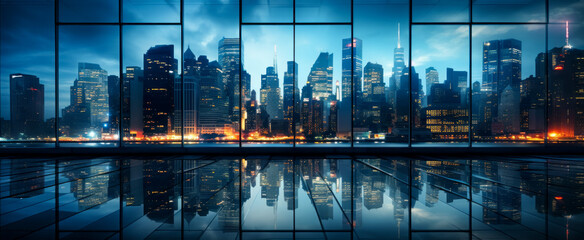 Cityscape of modern city at night with reflection in glass window