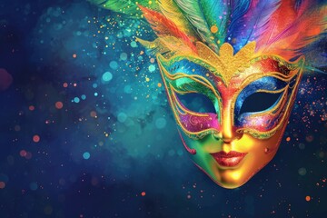 Obraz premium Carnival multicolored mask with feathers with space for text