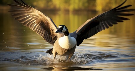 The Canada Goose and Its Picturesque Flight Over Tranquil Waters - obrazy, fototapety, plakaty