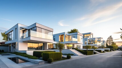 Row of sleek, contemporary houses with geometric designs and glass facades - obrazy, fototapety, plakaty