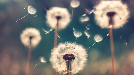 Dreamy Dandelion Dance: Abstract Blurred Nature Background with Seeds Parachute