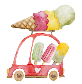 Hand-Painted Watercolor Clipart Features Car With Ice Cream On Roof And Inside For Summer