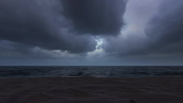 Dark clouds sky after sunset over a paradise sand beach. HQ QHD Seamless looped 3d animation.