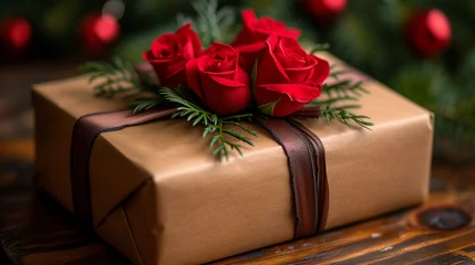 Foto auf Leinwand Gift Wrapped in Brown Paper With Three Red Roses © Mustafa