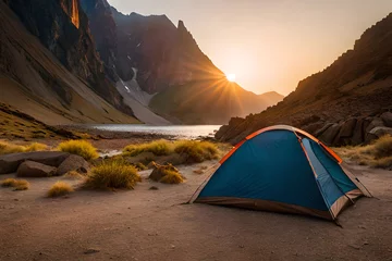 Foto op Plexiglas camping tent in the canyon at sunset  , outdoor activity © eric