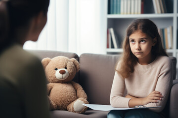 Young girl with teddy bear appears thoughtful during a therapy session