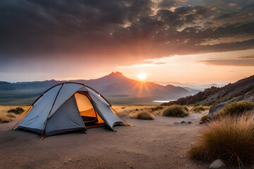 camping tent in the canyon at sunset  , outdoor activity - obrazy, fototapety, plakaty