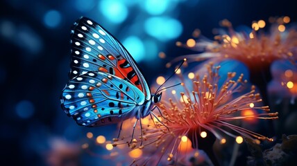 Butterfly with glowing patterns rests on a midnight blue flower