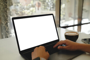 A blank screen for hand typing text,using laptop contact business searching information in...