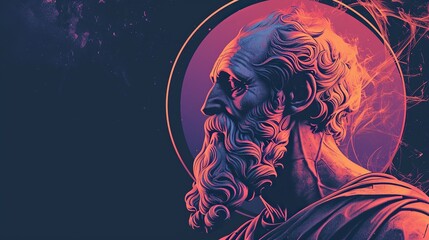 Vibrant Illustration of Philosopher Plato in Round Frame on Dark Canvas with Empty Space for Text - obrazy, fototapety, plakaty