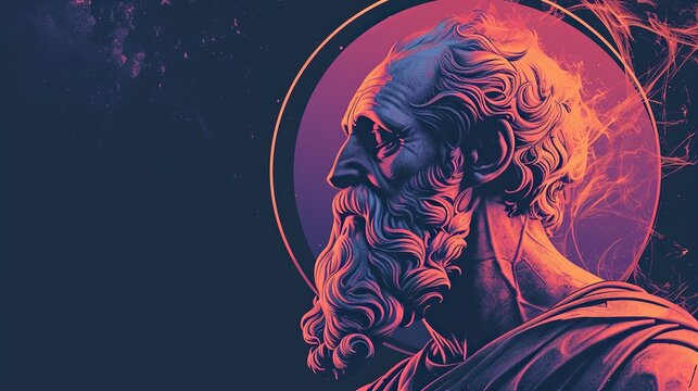 Vibrant Illustration of Philosopher Plato in Round Frame on Dark Canvas with Empty Space for Text