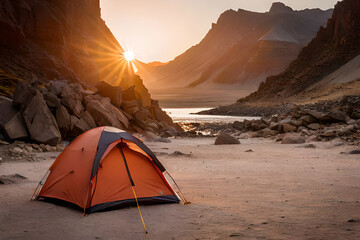 survival camping tent in the canyon  , outdoor activity