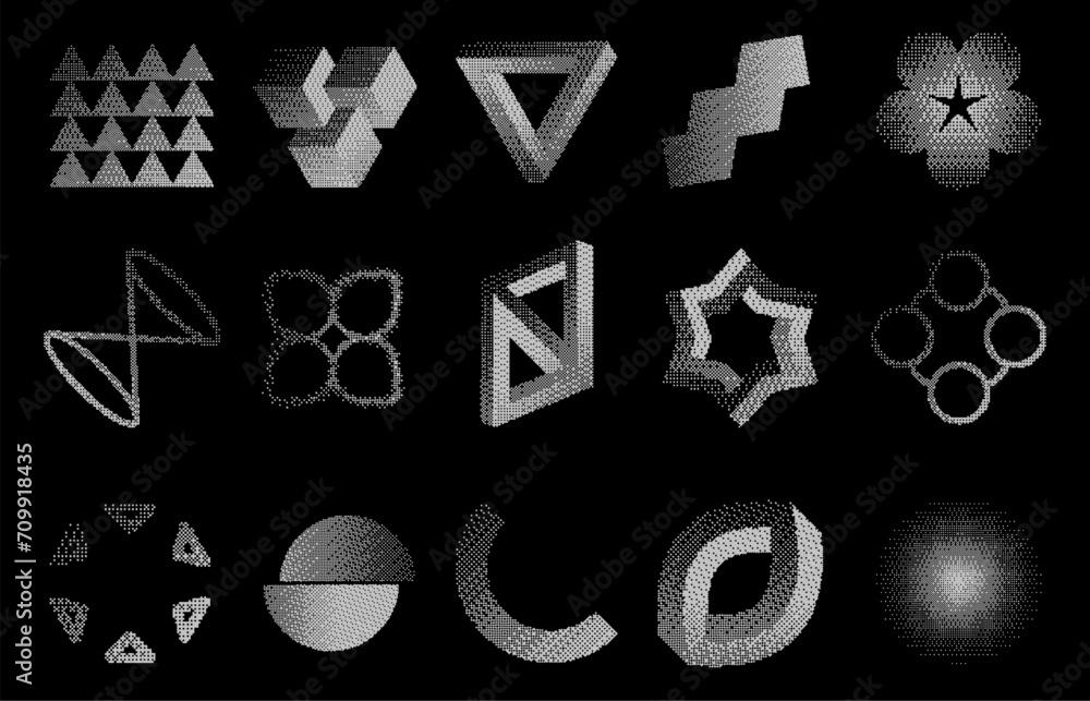 Poster bitmap dither figures. abstract pixel gradient geometric shapes with distort and glitch effect. vect